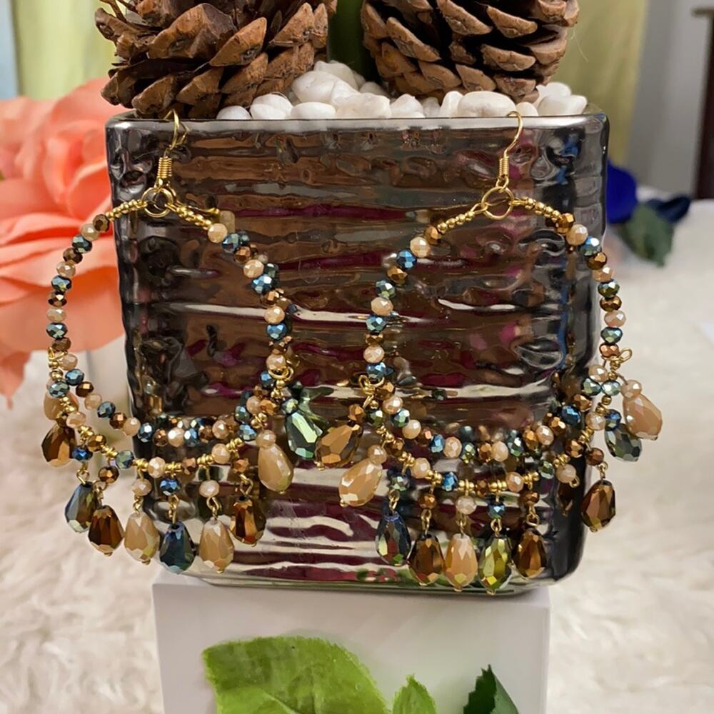 Oro Laminado 4" Multicolor Beads Wire Long Handmade Earrings Mexican Jewelry